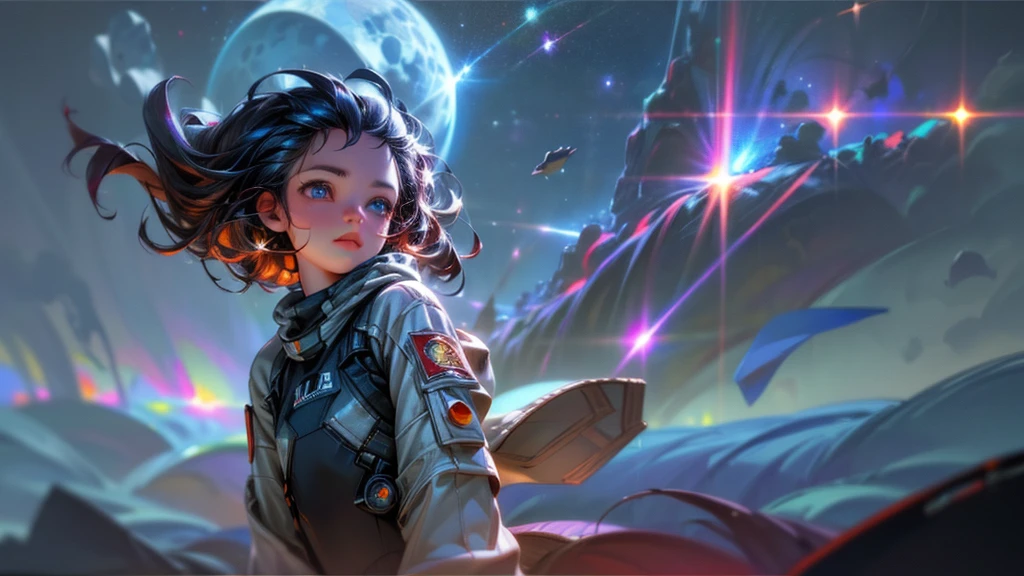 perfect eyes, Zoe,  girl, long hair, flat chest, Heterochromia, astronaut, beautiful detailed eyes, beautiful detailed lips, extremely detailed eyes and face, long eyelashes, 1girl, astronaut, heterochromia, space, beautiful stars, beautiful galaxies, (best quality,4k,8k,highres,masterpiece:1.2),ultra-detailed,(realistic,photorealistic,photo-realistic:1.37),digital art, science fiction, surreal, cinematic lighting, vibrant colors, dramatic lighting, medium shot, full body, waist up, centered, detailed background, stars and galaxies in the distance, 