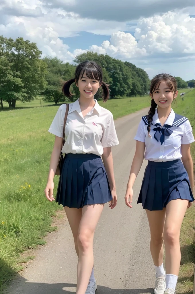 2 girls walking in rural field,cumulonimbus cloud in summer sky,sailor shirt,navy blue pleated skirt,18-year-old,bangs,a little smile,thighs,knees,short hair with low pigtails bunches,from below,front light