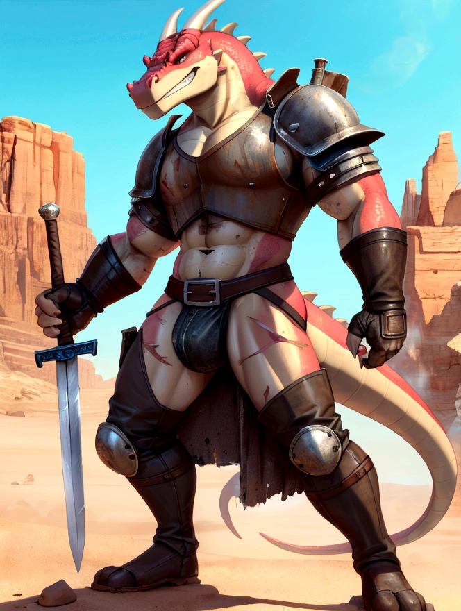 Solo Sexy young anthro scalie dragon male mercenary medieval solider, slim endomorph muscular, anthro handsome gay shorter muzzle, handsome gay model male apperance, sword scars, worn out leather skimpy armament, low on hips heavy leather belt, old very worn out skimpy dirty linen material jockstrap, old yellow dirty worn out stains on white sawn jockstrap, very visible "x" brown seam pattern on the jockstrap, studded skimpy armlets breastplate armor, skimpy breastplate, red husk, leather bondages, fingerless leather gloves, smelly unwashed husk, dirty body look, desert battlefield, standing in sexy fighting position, horny for sex, horny dirty playfull grin, close view of full character