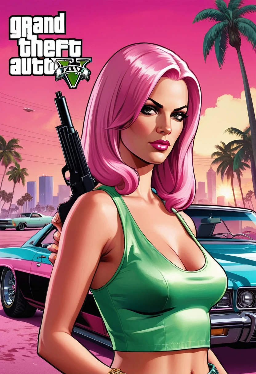 (gta style:1.5),(GTA Vice City, GTA 5 cover art, gta style: 1.5), with a white woman long pink hair with gun without gta symbol