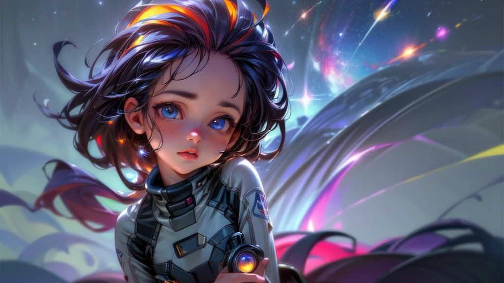 perfect eyes, Zoe, toddler girl, long hair, flat chest, Heterochromia, astronaut, beautiful detailed eyes, beautiful detailed lips, extremely detailed eyes and face, long eyelashes, 1girl, astronaut, heterochromia, space, beautiful stars, beautiful galaxies, (best quality,4k,8k,highres,masterpiece:1.2),ultra-detailed,(realistic,photorealistic,photo-realistic:1.37),digital art, science fiction, surreal, cinematic lighting, vibrant colors, dramatic lighting, medium shot, full body, waist up, centered, detailed background, stars and galaxies in the distance, 