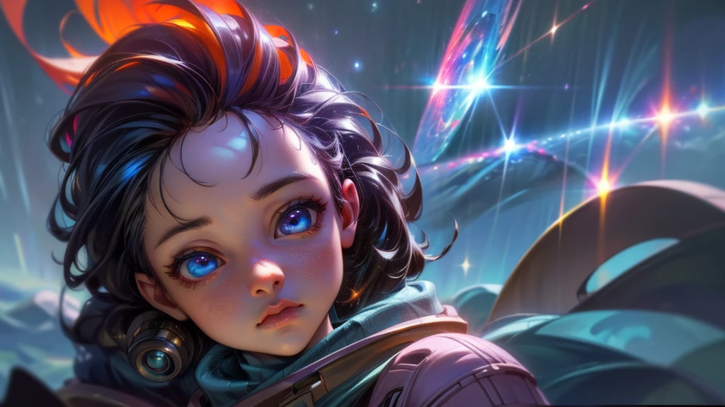 perfect eyes, Zoe,  girl, long hair, flat chest, Heterochromia, astronaut, beautiful detailed eyes, beautiful detailed lips, extremely detailed eyes and face, long eyelashes, 1girl, astronaut, heterochromia, space, beautiful stars, beautiful galaxies, (best quality,4k,8k,highres,masterpiece:1.2),ultra-detailed,(realistic,photorealistic,photo-realistic:1.37),digital art, science fiction, surreal, cinematic lighting, vibrant colors, dramatic lighting, medium shot, full body, waist up, centered, detailed background, stars and galaxies in the distance, 