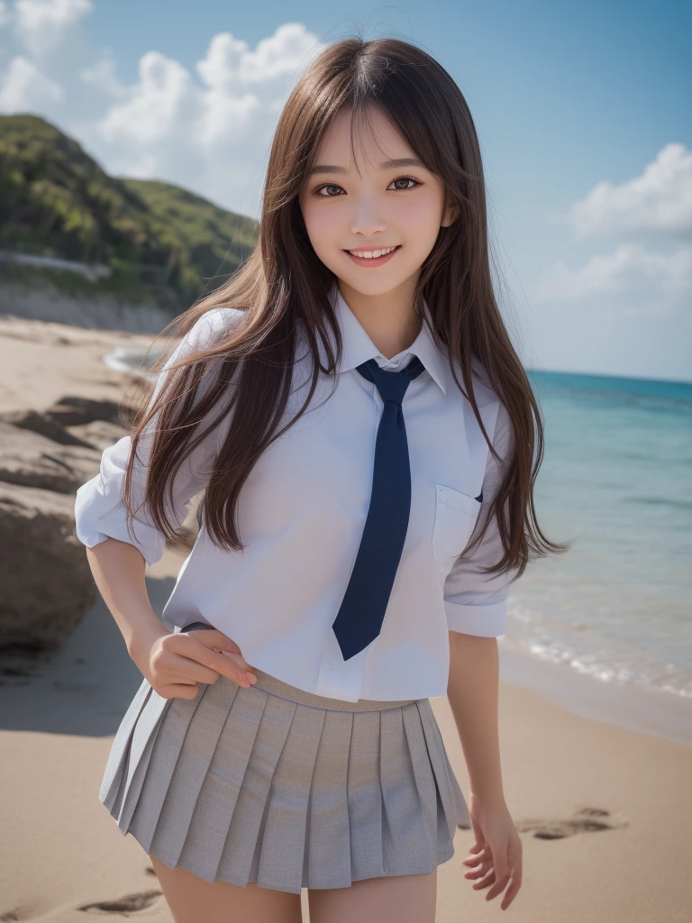 (1woman), kawaii, (round eyes:1.2), (highly detailed face and eyes), (big smile), Amazing face and eyes, (school uniform, pleated mini skirt:1.3), (Best Quality:1.4), (Ultra-detailed), (extremely detailed CG unified 8k wallpaper), Highly detailed, High-definition raw color photos, Professional Photography, Realistic portrait, summer, (beach), (fine face:1.2),