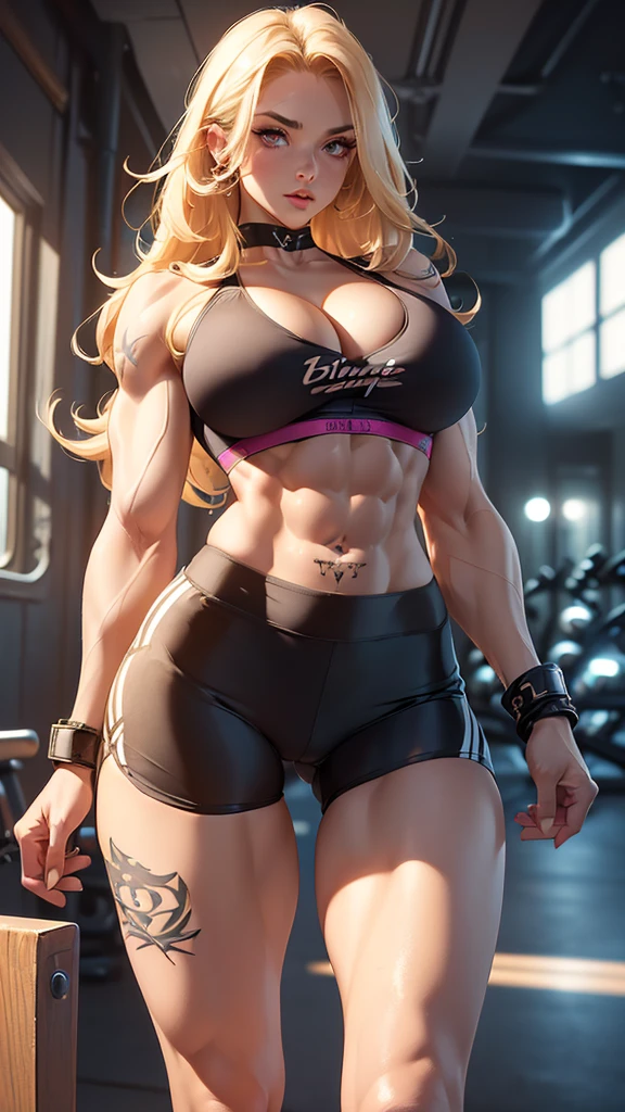 (beautiful detailed photo), (high quality image), (((woman with bodybuilder physique))), (((gorgeous face))), (((full plump lips))), (((beautiful eyes))), long curly blonde hair, (((huge muscles))), (((huge muscular upper body))), (((huge muscular laterals))), (((defined toned abs))), (((strong defined arms))), (((big breast))), (((big broad wide shoulders))), (((huge broad wide muscular shoulders))), (((huge broad muscular shoulders))), (((thin skinny thighs))), (((skinny legs))), (((tattoo on arm))), (((exposed cleavage))), ((sexy sports bra)), ((sexy spandex shorts)), (choker), (((sexy pose)))