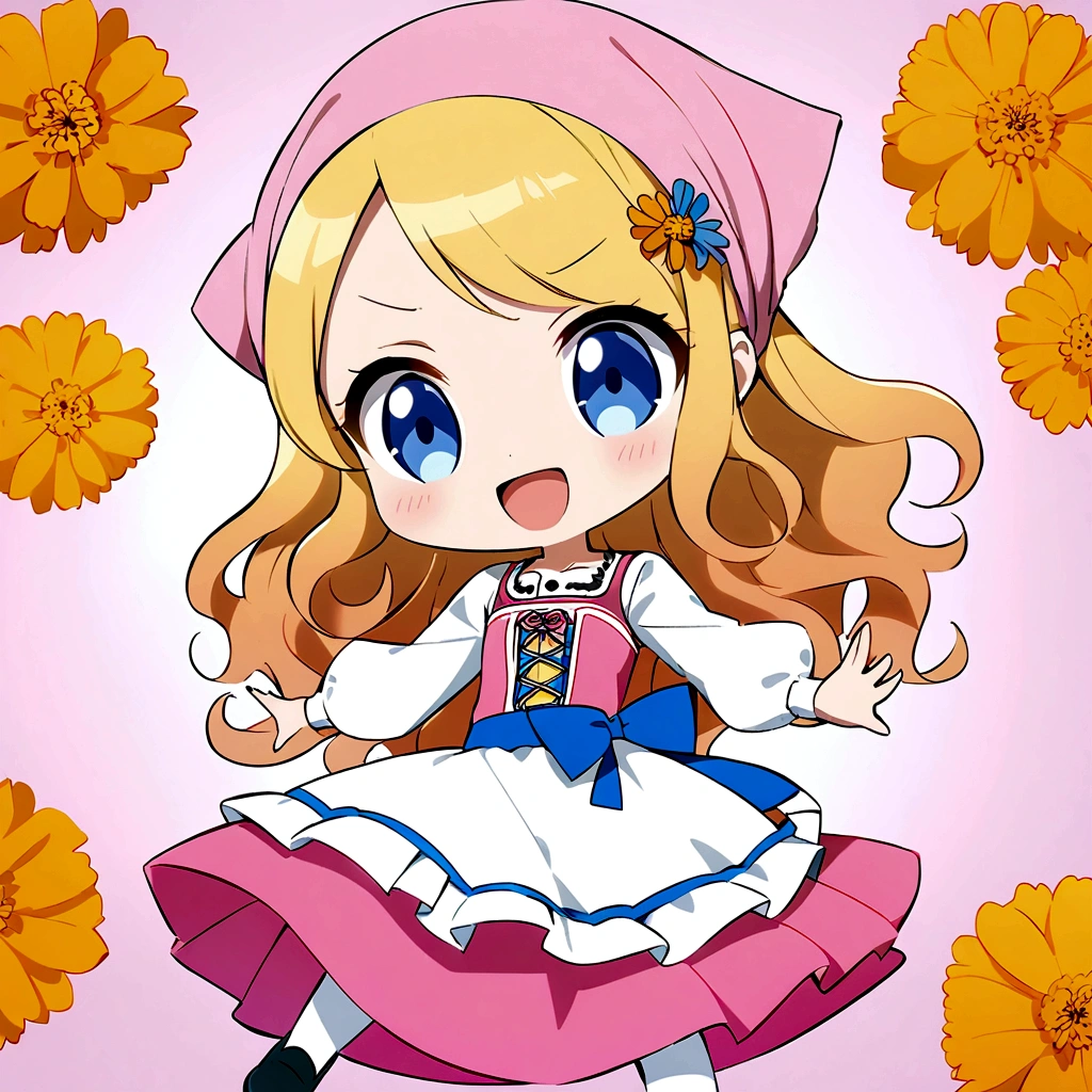 golden orange hair, gradient hair, very long hair, swept bangs, sidelocks, curly hair, wavy hair, (((((head scarf))))), head bandana, pink apron, flower in hair, marigold, orange flower, dirndl, pink dress, pink dirndl, long sleeves, waist apron, white apron, bow on waist, blue bow, , polish clothing, Slavic clothing, Hungarian clothing, anime, cute, flat chest, solo, exaggerated expression, chibi,(((((:3}}}}} smile, open mouth, blue eyes, white stockings, black shoes, full body