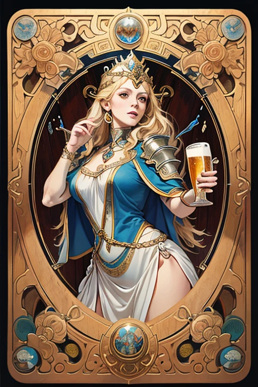 (work of art, maximum quality, best quality, official art, beautiful and aesthetic: 1.2)(a woman),(the work),Extremely detailed, colorful, most detailed Art Nouveau watercolor painting, (8k), faithful style, (1 goddess freya: 1.5), Norse goddess, European woman, bright eyes, loose braided hair, long hair, blonde hair, large breasts, show navel, show thighs, thick eyelashes, seductive lips, animal leather cloak, detailed eyes , beautiful woman, mature woman, attractive, voluptuous woman, Perfect body, clear eyes, short stature, freckles on her face, golden viking armor, raising a glass of beer, ((Wooden background with high relief tarot card layout with runes and Nordic designs and patterns inspired by the style of Alphonse Mucha)), (realistic rendering, elaborate details)