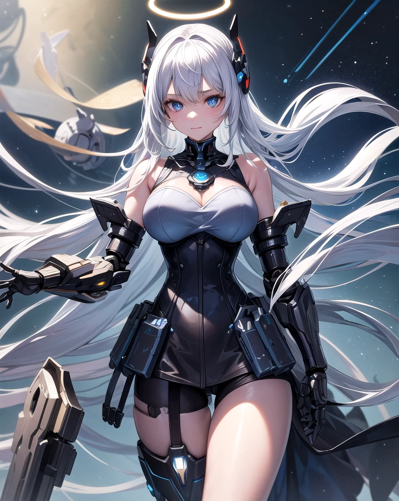 masterpiece,best quality,ultra-detailed,very detailed illustrations,extremely detailed,intricate details,highres,super complex details,extremely detailed,cowboy shot, caustics,reflection,ray tracing,demontheme,nebula,dark aura,cyber effect, (1girl:1.4),solo,alone,mecha musume,mechanical parts, robot joints,single mechanical arm, headgear, mechanical halo,star halo,intricate mechanical bodysuit, mecha corset, kimono, armor, very long hair,white hair, hair between eyes, white and light blue hair, colored inner hair, blue eyes,glowing eye,random action, ancient japanese architecture,pond, starry sky,skyline,  Happy sexy face, damaged oversized white shirt over the mecha upper body, one black stoking, one white stoking, slim body, medium size breast, bare shoulders, bare legs, 