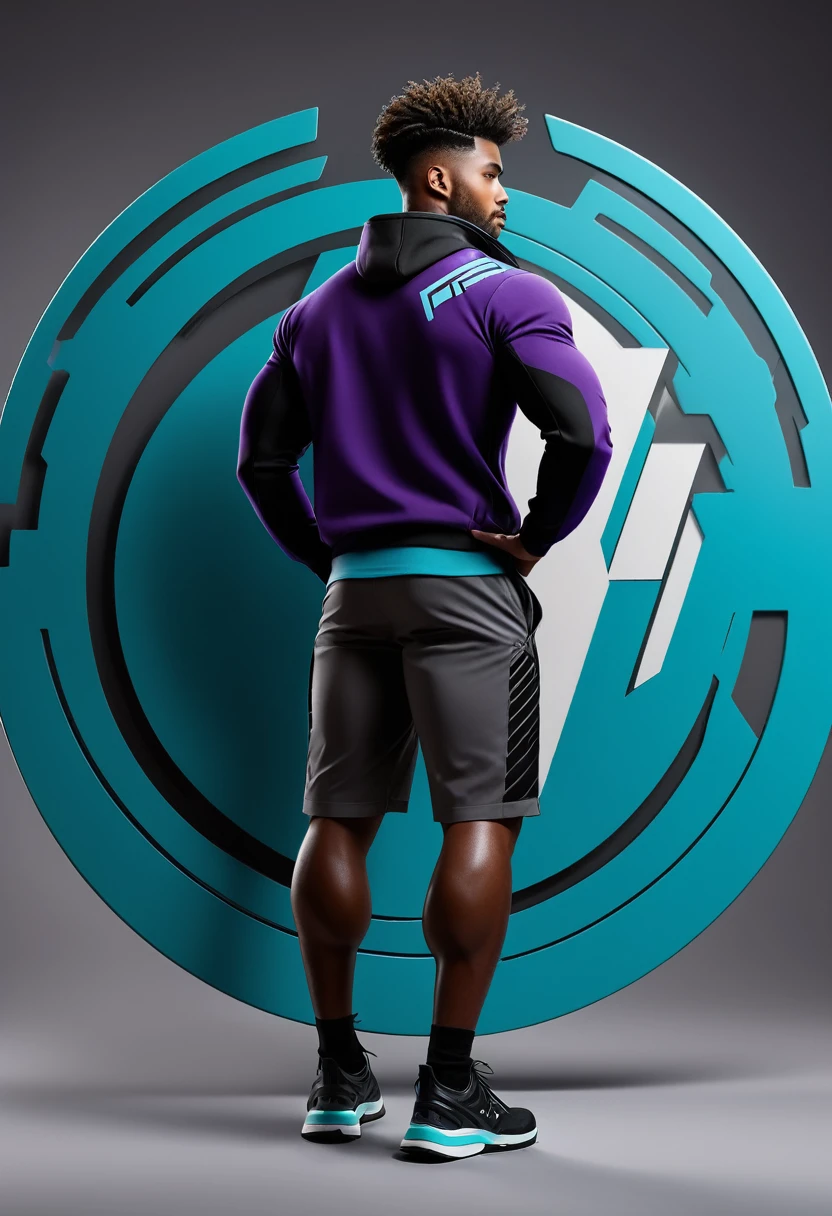 Create a logo for the personal trainer brand "Will Treinador" that is creative, innovative, modern, and elegant, conveying confidence while being disruptive. The design should be extremely professional, with high-definition and hyper-realistic details. Incorporate imagery of a weight plate, a simplified digital wristwatch, and the silhouette of a defined, dark-skinned male trainer with short curly hair, viewed from the back and striking a pose, in a sophisticated manner. The color palette should include dark blue, cyan, white, gray, black, and purple, inspired by cyberpunk aesthetics. Ensure the name "Will Treinador" is prominently featured and easily readable in the logo. The initials "W.T." should also be included. The background should be stylized to complement the cyberpunk theme, creating depth and visual interest.
