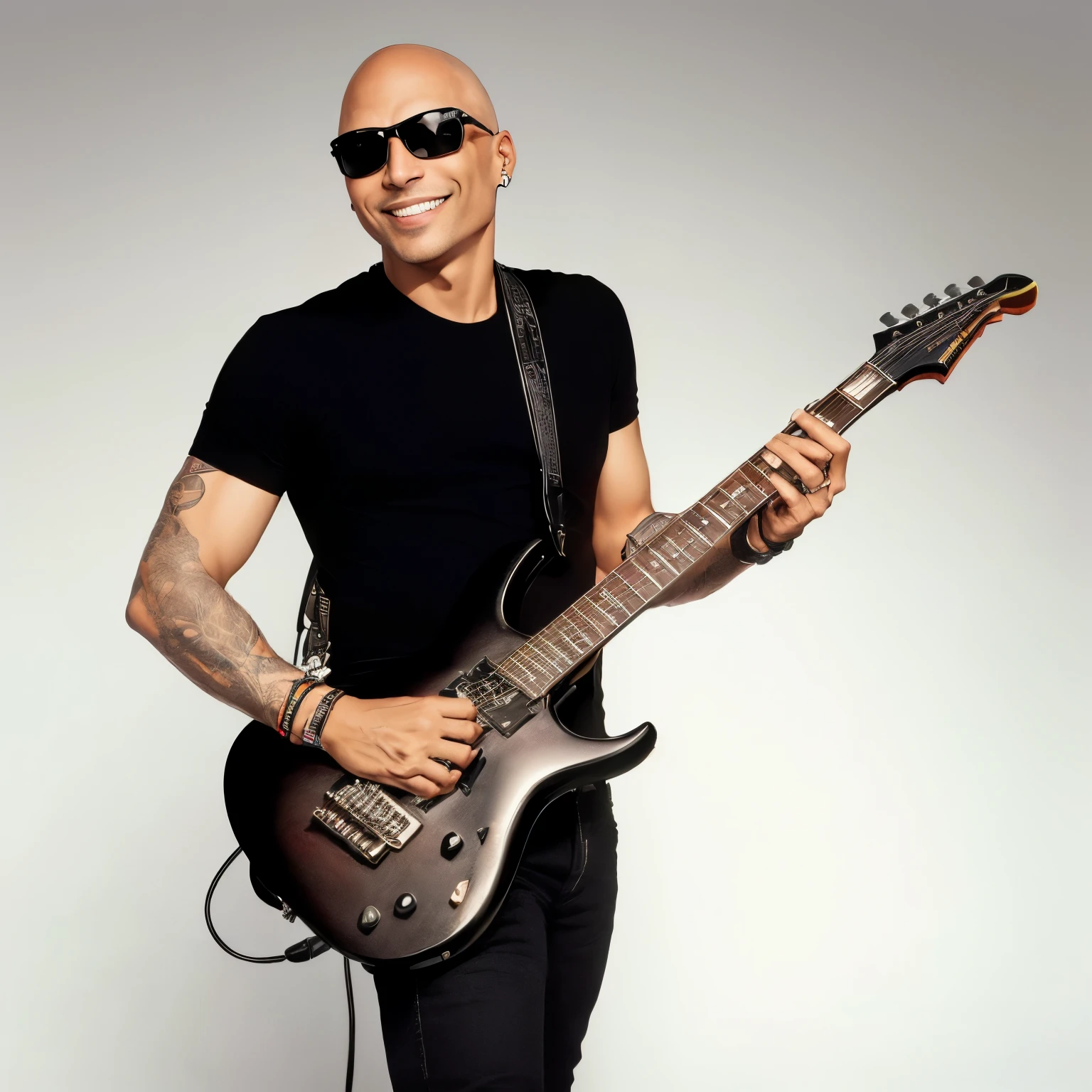 sharp man in sunglasses holding a guitar and smiling, michael dante dimartino, promo photo, holding electric guitar, holding an electric guitar, Tom Morello, holding an electric guitar, holding electric guitars, he is a rock star, baldie, Gary Montalbano, he is wearing a black t-shirt, guitarist, winning price, red sunglasses and a guitar, sid