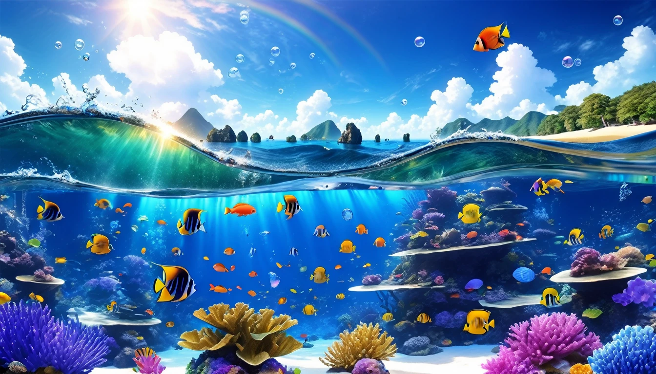 (Panorama, center, masterpiece, Highest quality: 1.2), (8K、RAW Photos、Highest quality、look up:1.2、masterpiece:1.2、Genuineistic、Ultra-high resolution、High Contrast、Photon Mapping、Genuine、Very detailed、Official Art, RAW Photos、professional Lighting、 Light、Vivid atmosphere、twiceLight) , , Sea。Sea,々The bubbles are bubbling。Different types、Colorful tropical fish swimming。サンゴやIn the water植物を見ることができます。Primary color shades。Rainbow colors。Green algae or seaweed。Even if it is'In the water、As if you were on the ground。Captivating natural beauty,Shining Star Fragment, An atmosphere that exudes the excitement of adventure。A happy and fun atmosphere。High Fantasy Worldview, A magnificent composition and beautiful depiction of proportions, Rainbow colorsの光や銀色の蒸気の守護星雲, Corrosion Surrounding Ray Family Color, Slimy air,