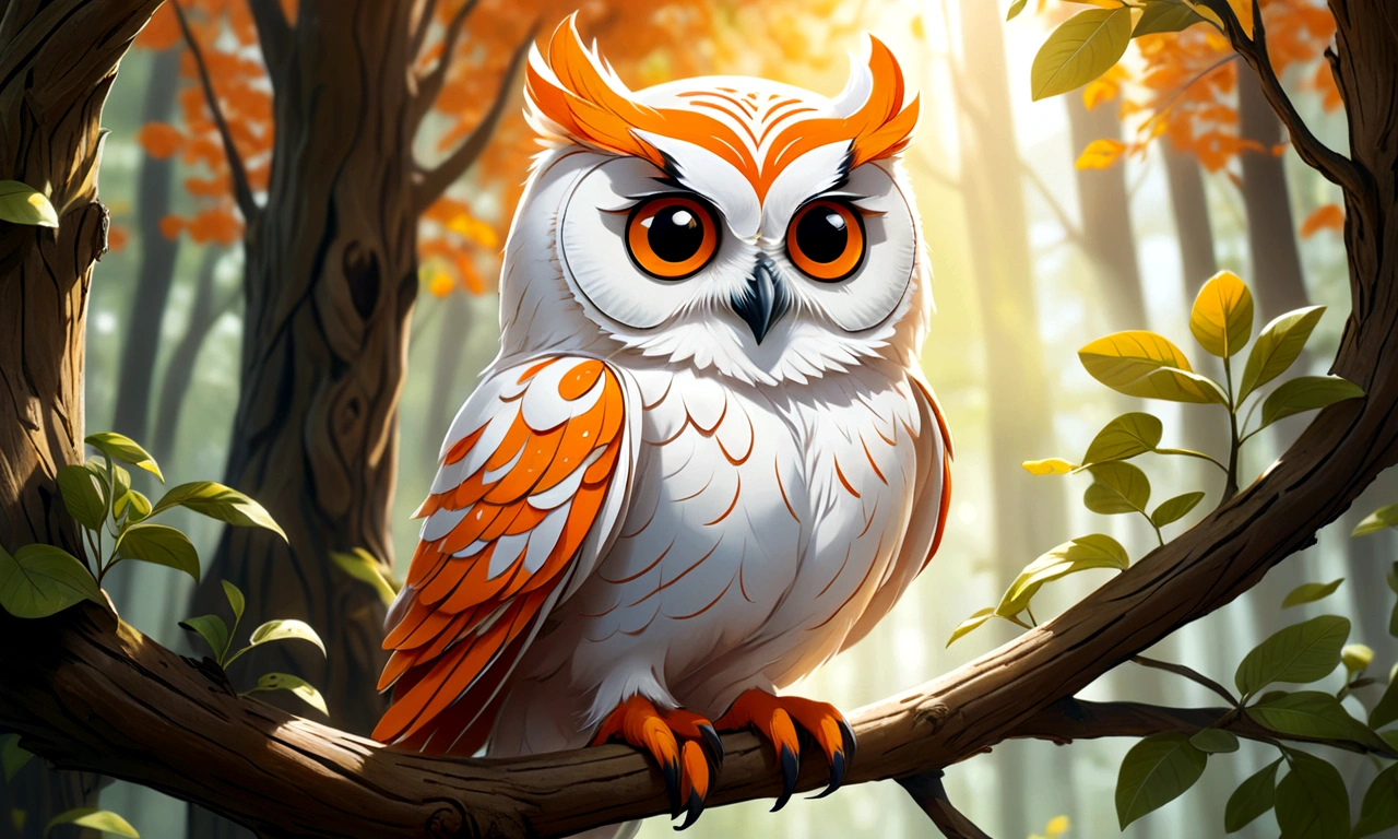 Drawing of a happy white and orange owl on a tree branch in a forest with sunlight