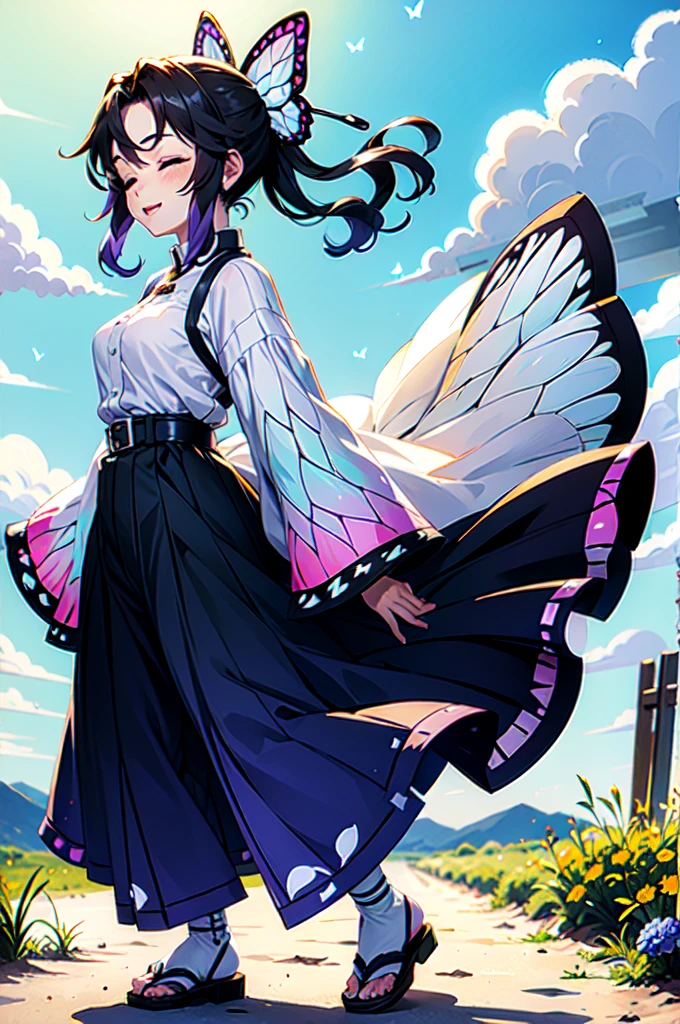 shinobu, 1girl, open breast, sexy, solo, smile, short hair, black hair, hair ornament, long sleeves, standing, full body, closed eyes, purple hair, flower, outdoors, japanese clothes, sky, belt, pants, cloud, wide sleeves, from side, parted bangs, night, bird, sandals, bug, animal print, butterfly, blue flower, butterfly hair ornament, haori, field, white belt, blue butterfly, demon slayer uniform, butterfly print, butterfly on hand, masterpiece, royal background, magical, 