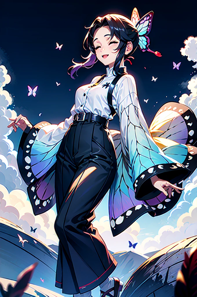 shinobu, 1girl, open breast, sexy, solo, smile, short hair, black hair, hair ornament, long sleeves, standing, full body, closed eyes, purple hair, flower, outdoors, japanese clothes, sky, belt, pants, cloud, wide sleeves, from side, parted bangs, night, bird, sandals, bug, animal print, butterfly, blue flower, butterfly hair ornament, haori, field, white belt, blue butterfly, demon slayer uniform, butterfly print, butterfly on hand, masterpiece, royal background, magical,