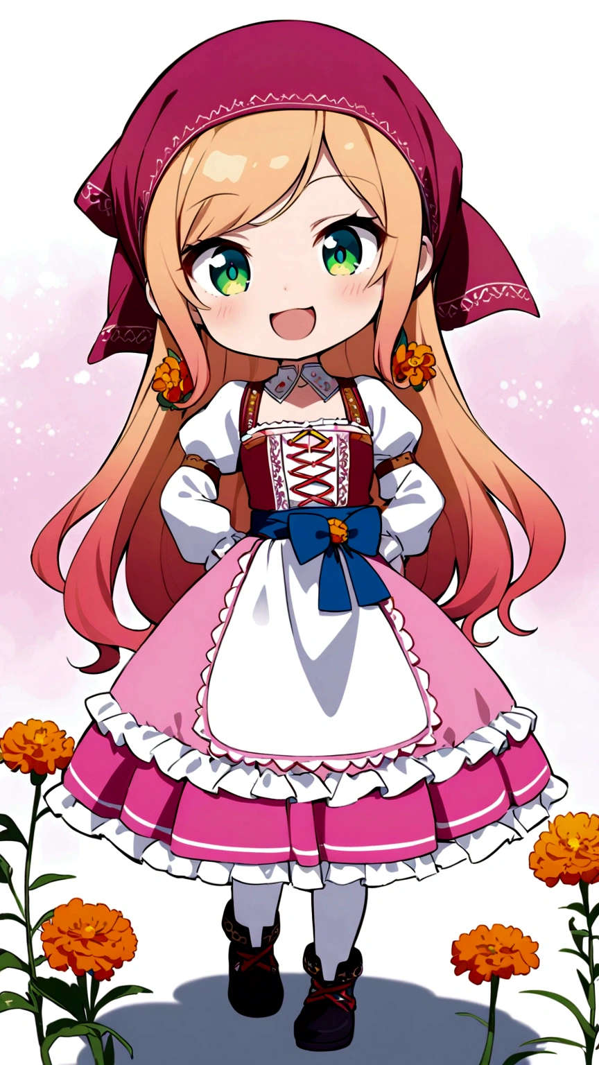 golden orange hair, gradient hair, very long hair, swept bangs, sidelocks, curly hair, wavy hair, (((((head scarf))))), head bandana, pink apron, flower in hair, marigold, orange flower, dirndl, pink dress, pink dirndl, long sleeves, waist apron, white apron, bow on waist, blue bow, , polish clothing, Slavic clothing, Hungarian clothing, anime, cute, flat chest, solo, exaggerated expression, chibi,(((((:3}}}}} smile, open mouth, blue eyes, white stockings, black shoes, full body