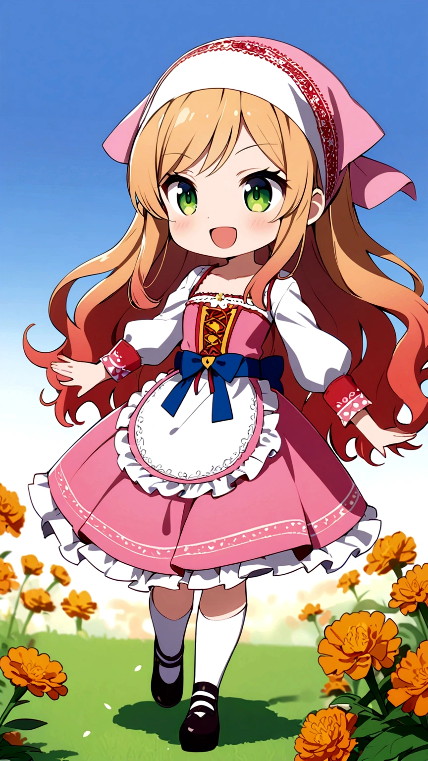 golden orange hair, gradient hair, very long hair, swept bangs, sidelocks, curly hair, wavy hair, (((((head scarf))))), head bandana, pink apron, flower in hair, marigold, orange flower, dirndl, pink dress, pink dirndl, long sleeves, waist apron, white apron, bow on waist, blue bow, , polish clothing, Slavic clothing, Hungarian clothing, anime, cute, flat chest, solo, exaggerated expression, chibi,(((((:3}}}}} smile, open mouth, blue eyes, white stockings, black shoes, full body