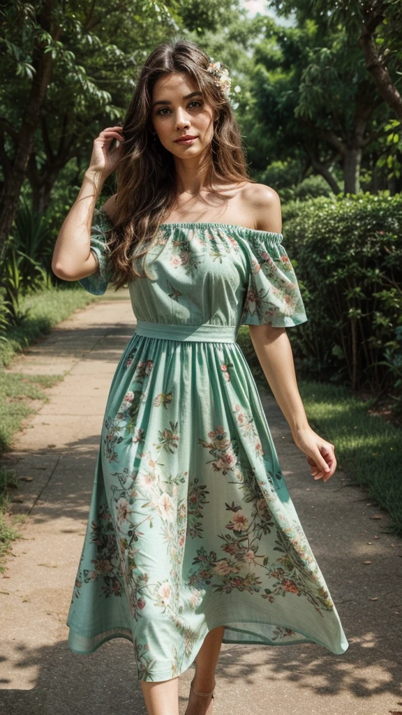 Off the shoulder, elegant, long, princess, flowy, green dress, floral printed tool. Very green nature influenced with occasional floral print.