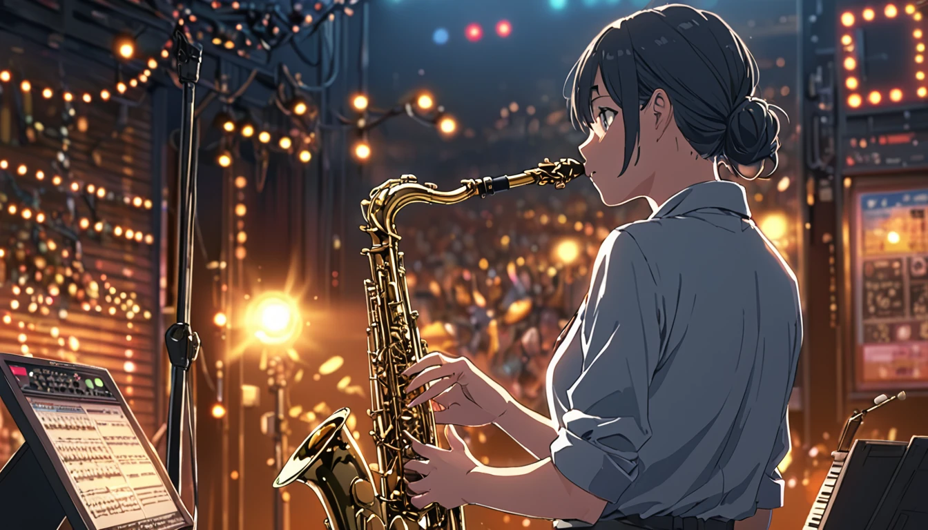 ((Anime: 1.4, Illustration)), (Masterpiece, Top Quality, Best Quality), (Ultra-Detailed, Absolutely Resolution), ((16k, HIGH RES)) (Jazz, Saxophone, Stage, Mood Lights), ( Anime: 1.4, Illustration)), (Masterpiece, Top Quality, Best Quality), (Ultra-Detailed, Absolutely Resolution). Ak {Lofi Art, Style of Laurie Greasley, Style of Makoto Shinkai, Anime Aesthetic}, BREAK {(Produces IMAGES WITH ITH INFORMATION THAN 40 Million Pixels with Cinematic-Like Detailed Textures S Hot on a Sony slur).}