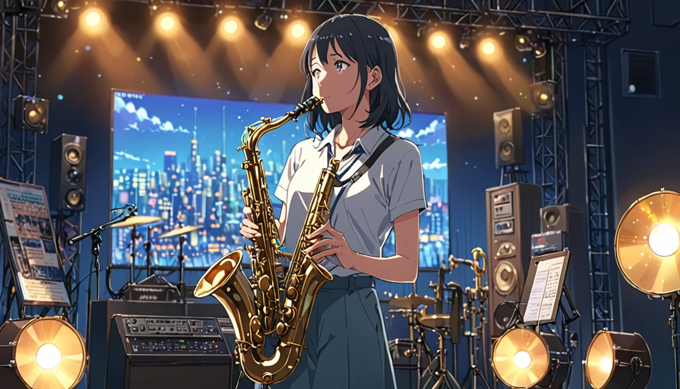 ((Anime: 1.4, Illustration)), (Masterpiece, Top Quality, Best Quality), (Ultra-Detailed, Absolutely Resolution), ((16k, HIGH RES)) (Jazz, Saxophone, Stage, Mood Lights), ( Anime: 1.4, Illustration)), (Masterpiece, Top Quality, Best Quality), (Ultra-Detailed, Absolutely Resolution). Ak {Lofi Art, Style of Laurie Greasley, Style of Makoto Shinkai, Anime Aesthetic}, BREAK {(Produces IMAGES WITH ITH INFORMATION THAN 40 Million Pixels with Cinematic-Like Detailed Textures S Hot on a Sony slur).}
