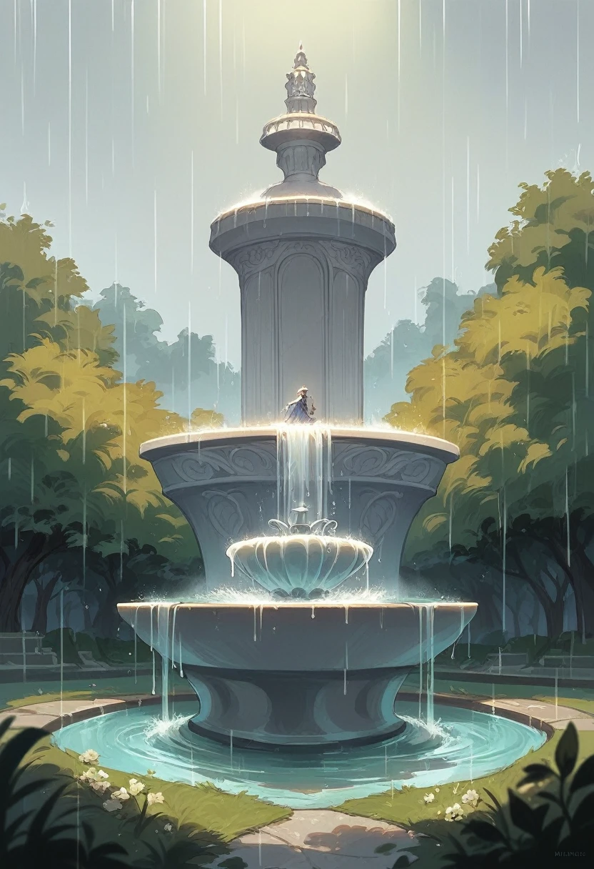 Landscape France fountain, rain cold lights and violet reflections