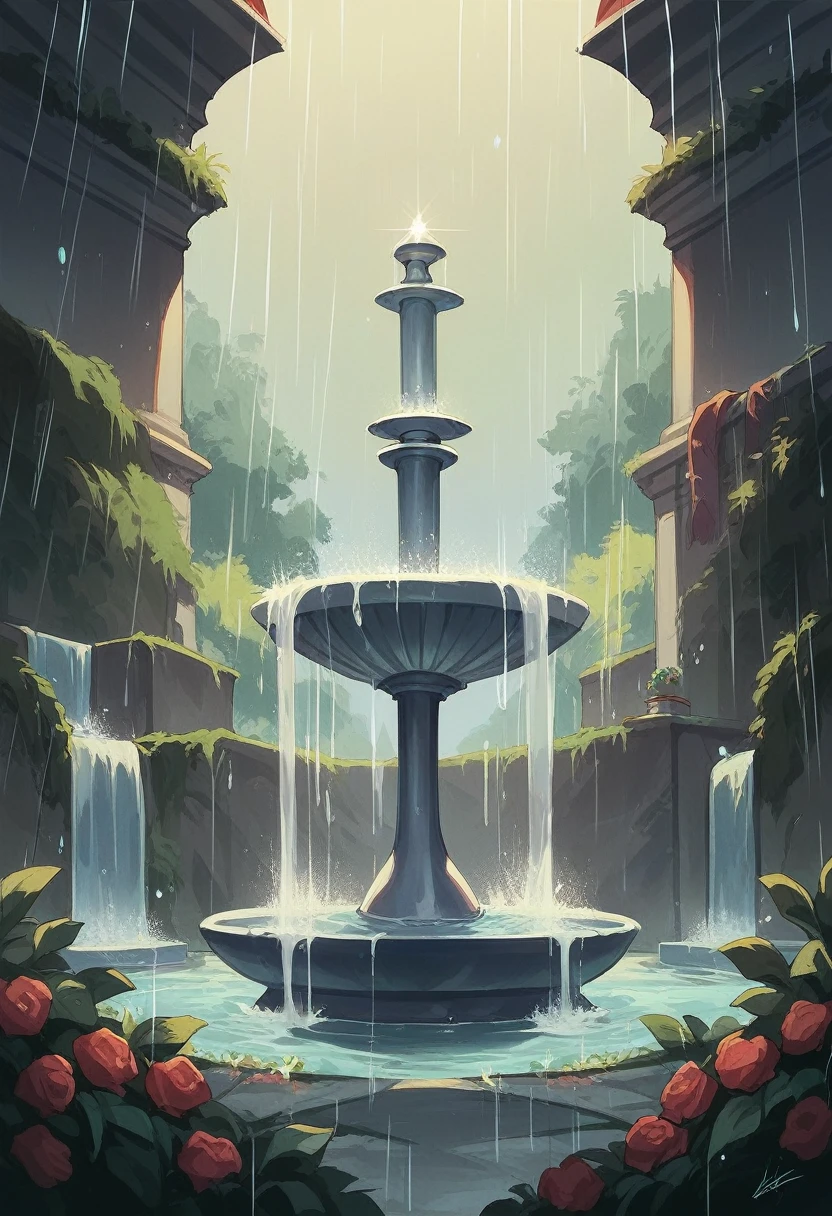 Landscape France fountain, rain cold lights and violet reflections