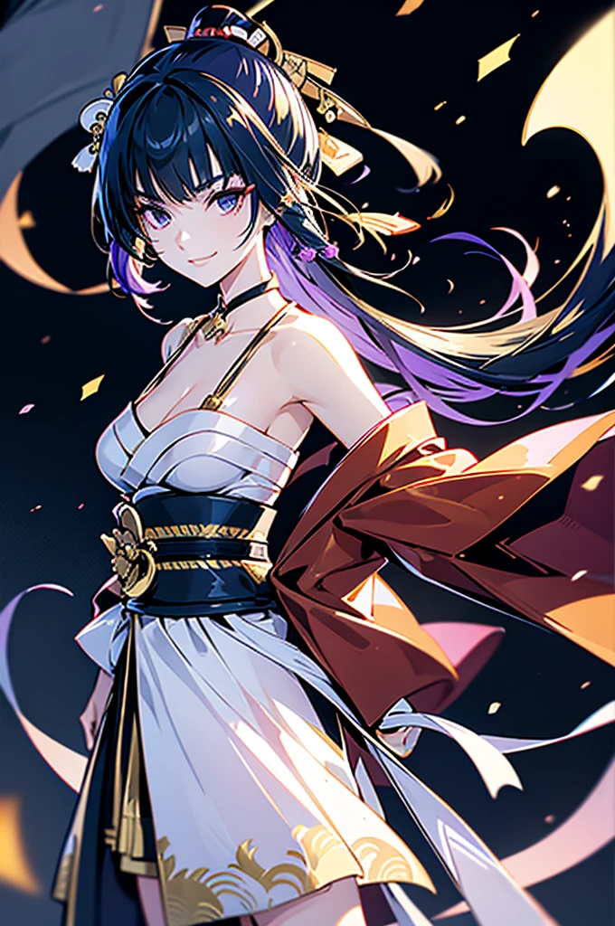 roll up bandage on a chest tightly to cover the chest without gaps under kimomo, Japanese Gangster BOSS, adult woman with the dignified presence, Killing Qi, wear the kimono, kimono come off ,wear the kimono multiple times, Bare shoulders and the clavicle, black and gold kimono, put on over jacket of kimono, holding a japanese sword which shine in purple, long sword, eye fire, low angle, whole body, bandage is seen, anime character, inappropriate smile, off sholder, nappropriate smile, Excellent, black blue hair