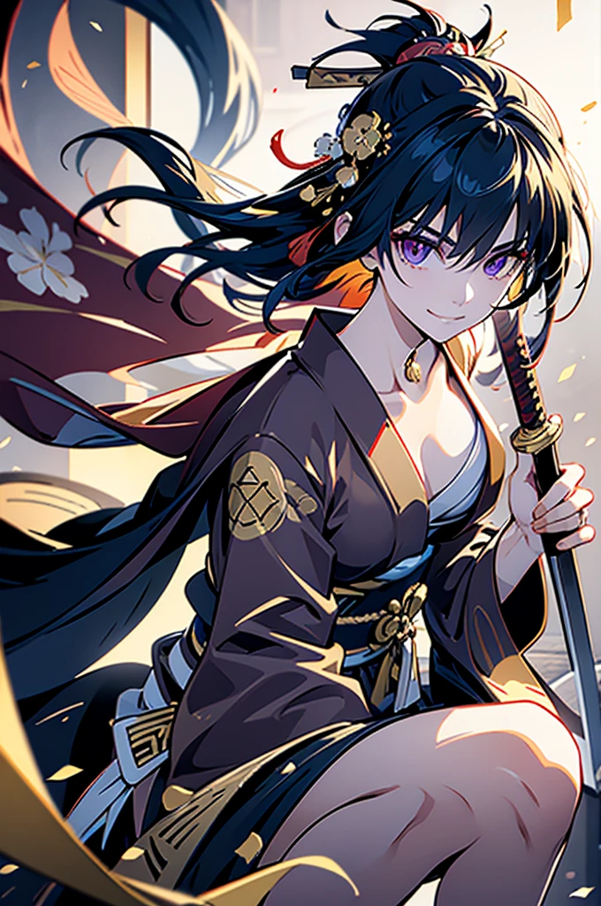 roll up bandage on a  chest tightly to cover the chest without gaps under kimomo, Japanese Gangster BOSS, adult woman with the dignified presence, Killing Qi, wear the kimono, kimono come off ,wear the kimono multiple times, Bare shoulders and the clavicle, black and gold kimono, put on over jacket of kimono, holding a japanese sword which shine in purple, long sword, eye fire, low angle, whole body, bandage is seen, anime character, inappropriate smile, off sholder, nappropriate smile, Excellent, black blue hair
