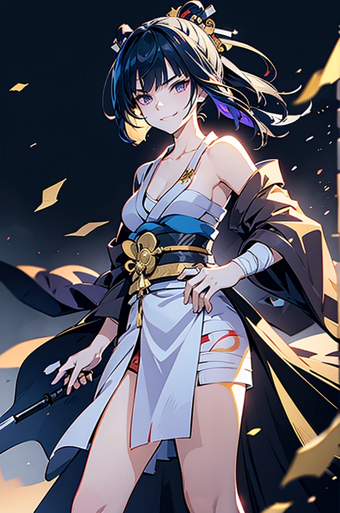 roll up bandage on a chest tightly to cover the chest without gaps under kimomo, Japanese Gangster BOSS, adult woman with the dignified presence, Killing Qi, wear the kimono, kimono come off ,wear the kimono multiple times, Bare shoulders and the clavicle, black and gold kimono, put on over jacket of kimono, holding a japanese sword which shine in purple, long sword, eye fire, low angle, whole body, bandage is seen, anime character, inappropriate smile, off sholder, nappropriate smile, Excellent, black blue hair