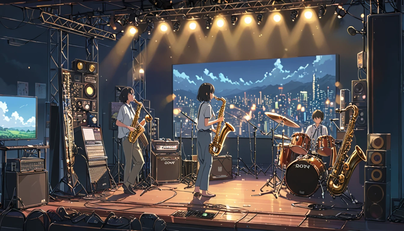 ((Anime: 1.4, Illustration)), (Masterpiece, Top Quality, Best Quality), (Ultra-Detailed, Absolutely Resolution), ((16k, HIGH RES)) (Jazz, Saxophone, Stage, Mood Lights), ( Anime: 1.4, Illustration)), (Masterpiece, Top Quality, Best Quality), (Ultra-Detailed, Absolutely Resolution). Ak {Lofi Art, Style of Laurie Greasley, Style of Makoto Shinkai, Anime Aesthetic}, BREAK {(Produces IMAGES WITH ITH INFORMATION THAN 40 Million Pixels with Cinematic-Like Detailed Textures S Hot on a Sony slur).}