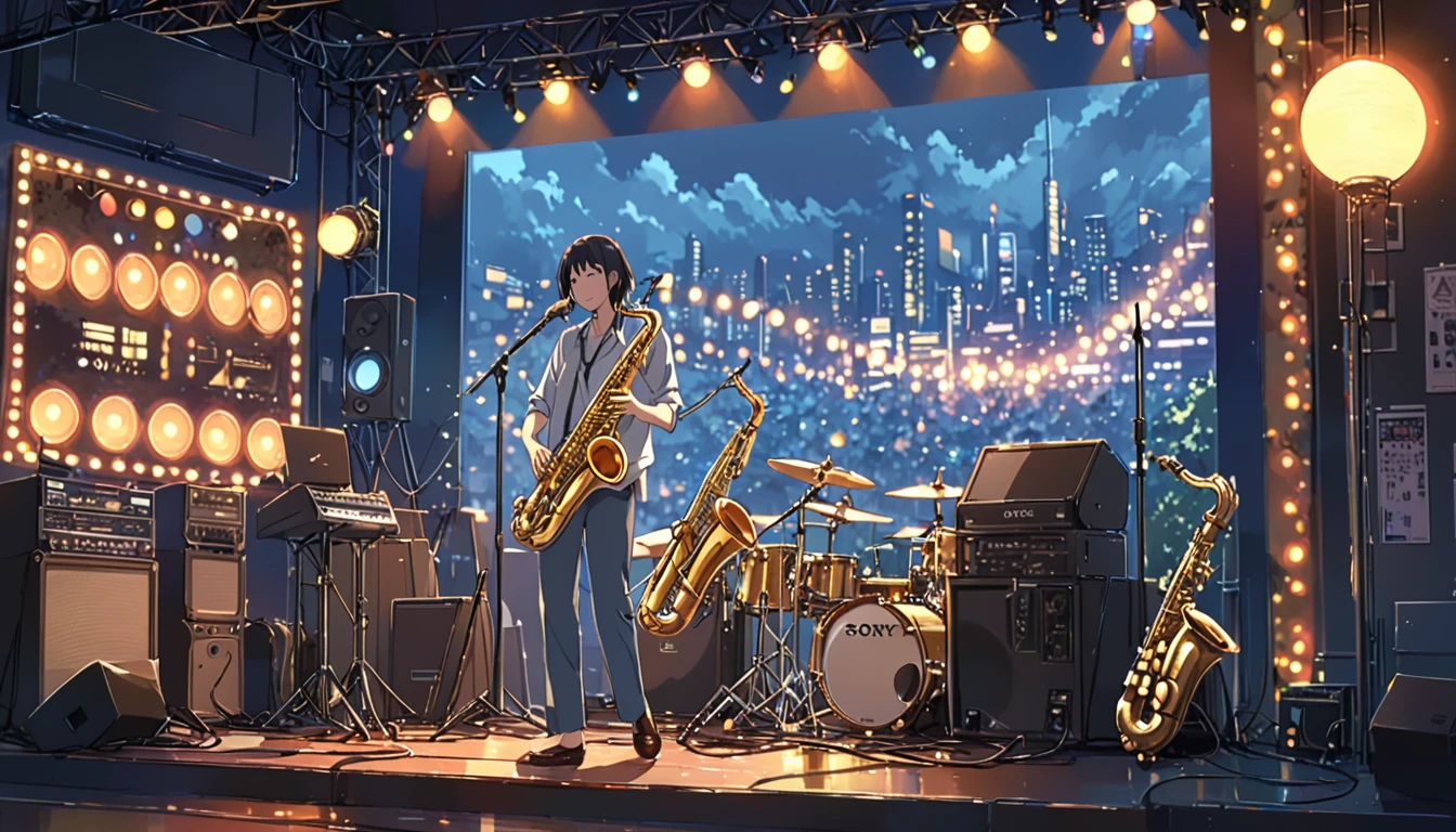 ((Anime: 1.4, Illustration)), (Masterpiece, Top Quality, Best Quality), (Ultra-Detailed, Absolutely Resolution), ((16k, HIGH RES)) (Jazz, Saxophone, Stage, Mood Lights), ( Anime: 1.4, Illustration)), (Masterpiece, Top Quality, Best Quality), (Ultra-Detailed, Absolutely Resolution). Ak {Lofi Art, Style of Laurie Greasley, Style of Makoto Shinkai, Anime Aesthetic}, BREAK {(Produces IMAGES WITH ITH INFORMATION THAN 40 Million Pixels with Cinematic-Like Detailed Textures S Hot on a Sony slur).}
