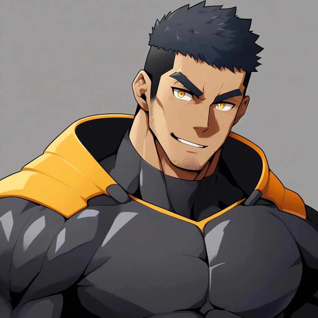 anime characters:Gyee, Muscle Sports Student, negro black skin, 1 dark skin muscular tough guy, Manliness, male focus, Dark grey high collar long sleeve wetsuit, Matte texture, Very tight, Round, full and perky chest muscles, Slightly transparent, muscular male, muscular, only, Upper body, alone, Black short hair, Thick eyebrows, stubble, Yellow eyes, Grey background, simple background, amazing quality, best aesthetics, Ridiculous, bright pupils, crew cut, parted lips, seductive smile, torogao, naughty face, best quality