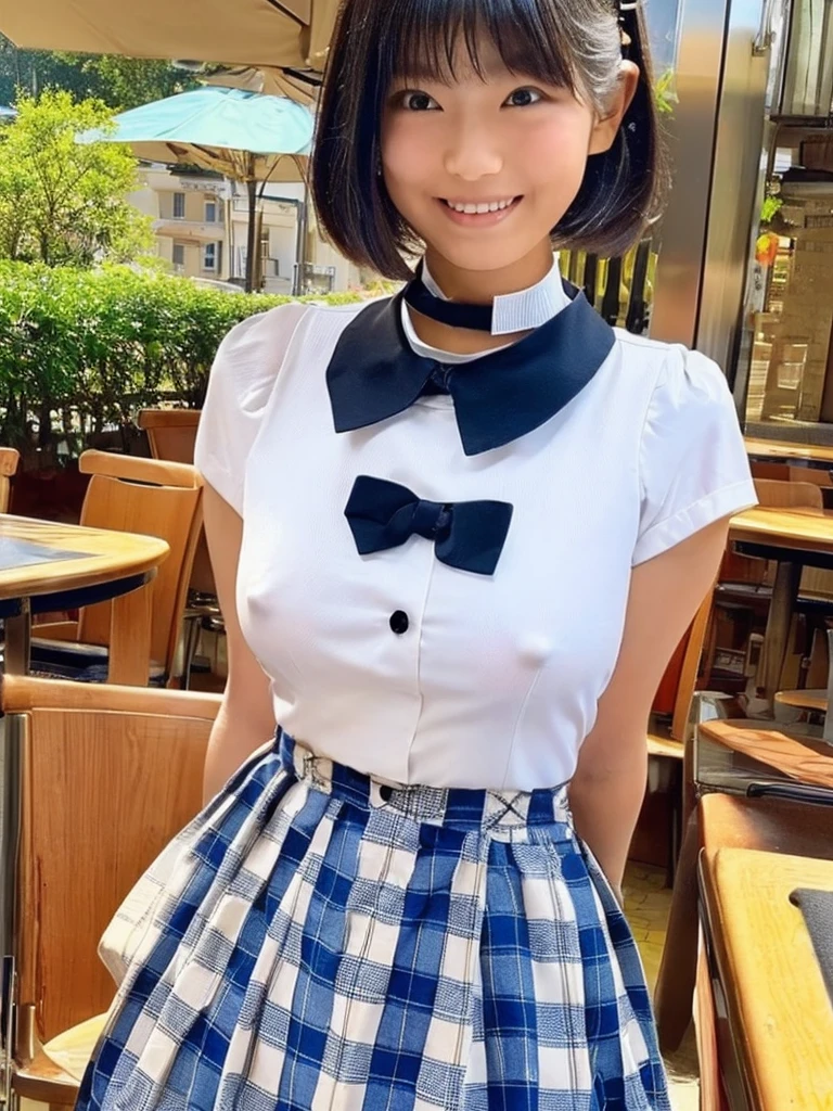 Highest quality、masterpiece、、Very detailed、Realistic、(Young face:1.4)、(Looks like an elementary school kid:1.4)、(Two Girls)、(Looking at me with a mischievous smile)、whole body、Small face、Narrow shoulders、(Big Breasts)、Thin and beautiful legs、Tight and slim waist、(Waitress uniform with buttons and collar:1.2)、(Light blue plaid mini skirt:1.1)、Short Hair、(Erect nipples:1.1)、apron、restaurant