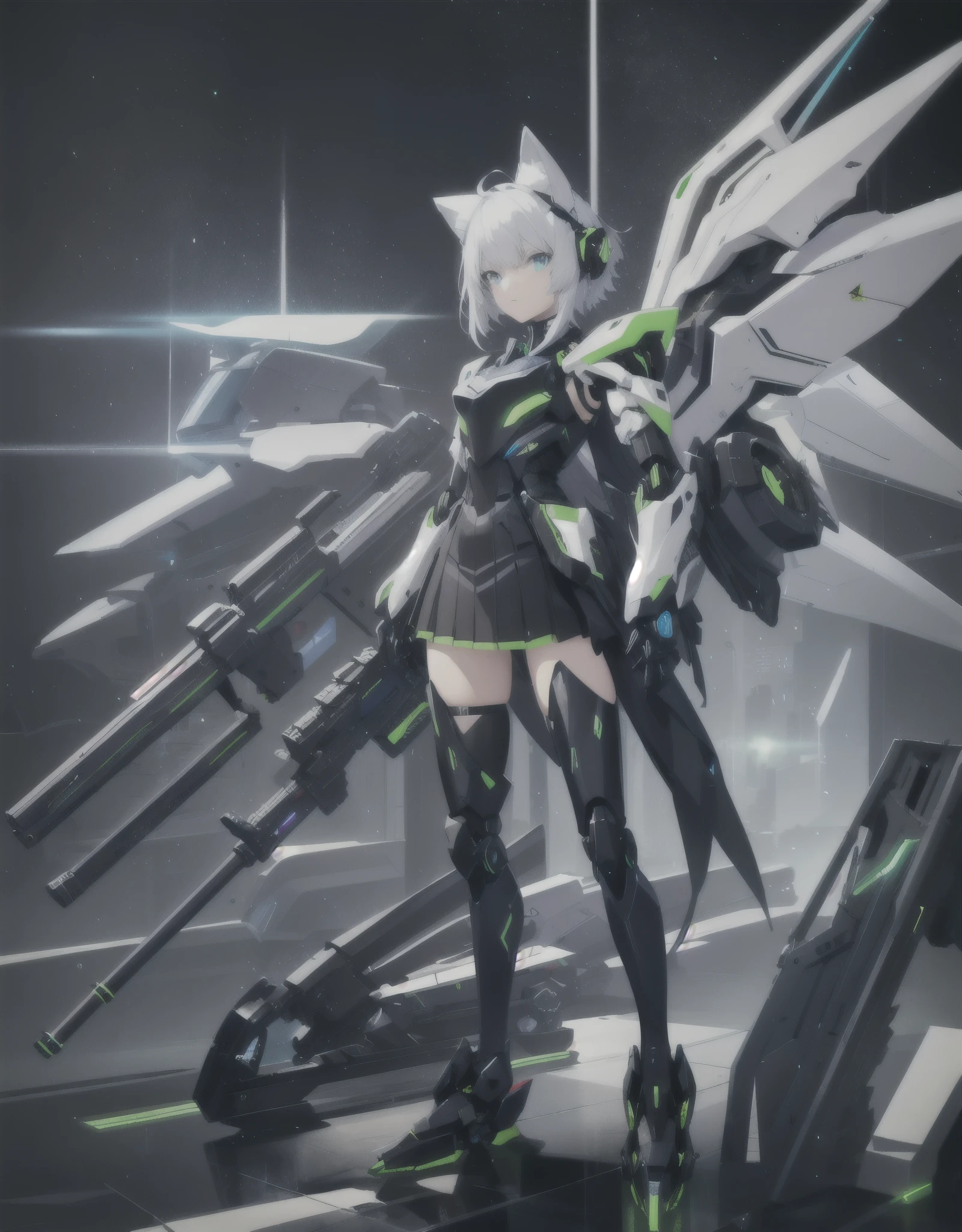 girl with partial light mecha top suit ((small neko ears)) and ((fox tail)), mechanical extensions, stokings, ((one leg has a_ black stocking)), the other leg is skin, holding a giant Sniper Rifle Pointed to the ground, Beautiful face with perfect sky-blue and green eyes, white hair, damaged oversized shirt over the suit which shows shoulders and skin. Futuristic wings with neon and rifles Cool dynamic pose, school skirt, mecha musume, mechanical parts, mecha, headgear, robot joints, full armor, becoming a mecha. High quality anime style