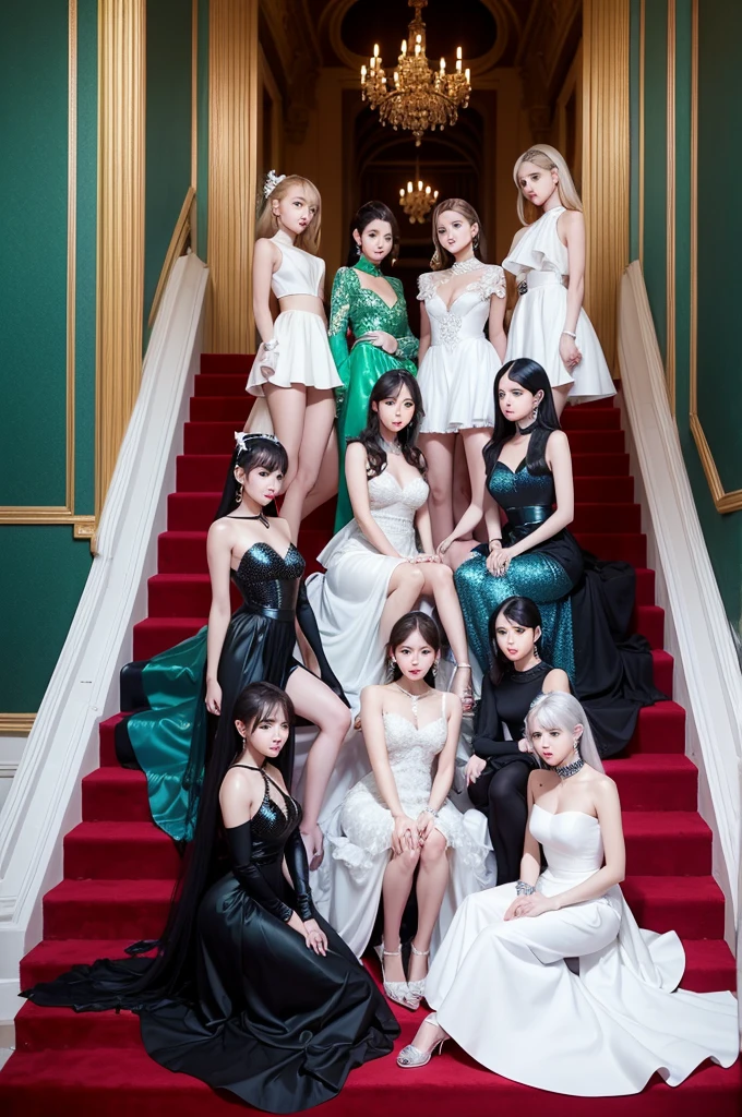 Album kpop, 7 girls in front of a very chic Palace, all wearing long, shiny white dresses, all with black blue and green eyes, Caucasian skin, silver shoes with glitter decorated and shiny nails, all sitting on the stairs and one standing with a glowing wand, on the album cover written "the boys"