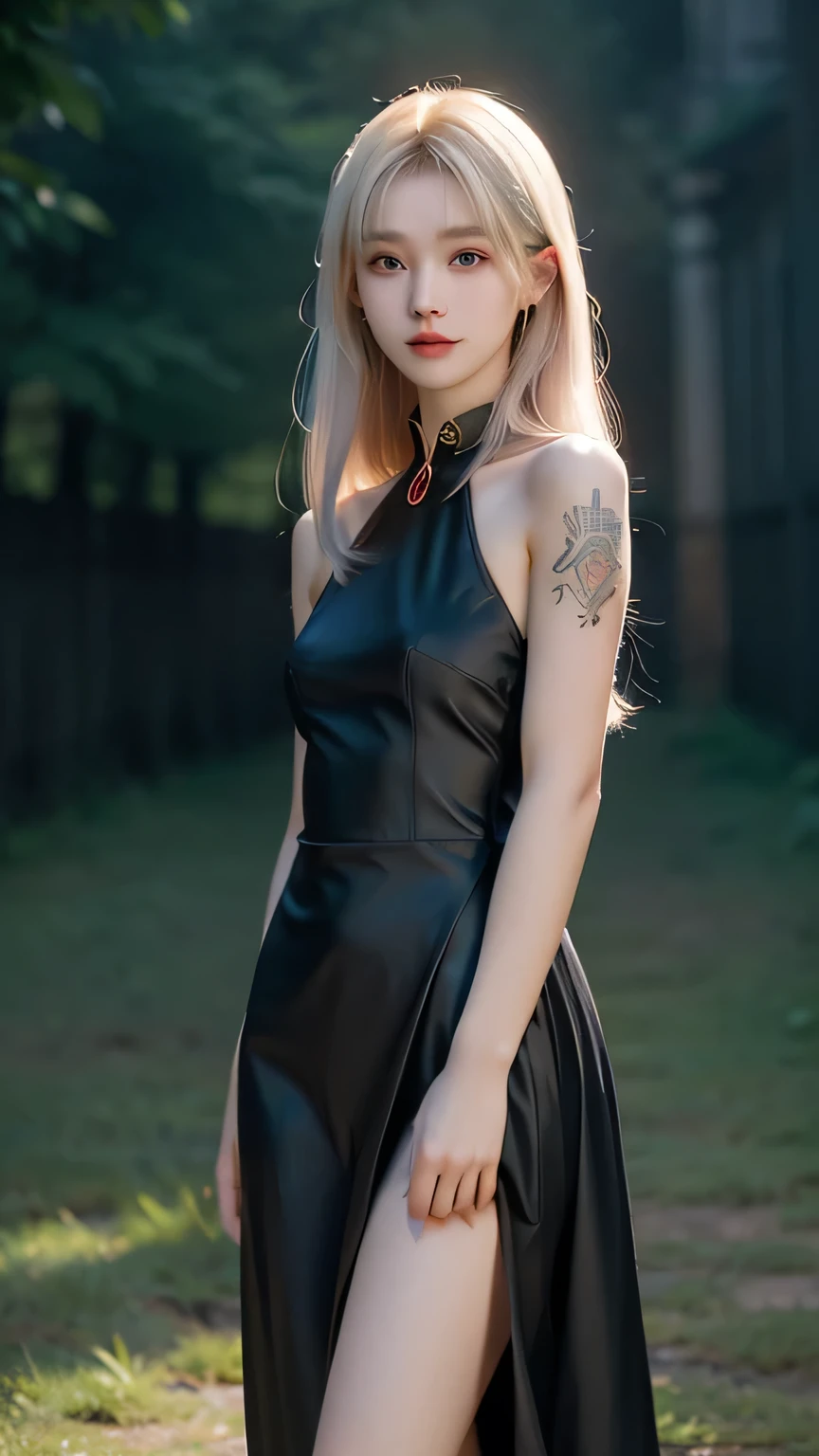 (night, Soft lighting, Highest quality, 8K, masterpiece, RAW Photos, Angle from below:1.3), Technoir, Smile mischievously, Artistically refined, Realistic visuals, Breathtaking beauty, Diffused, natural skin glow, Floating Medium Hair, bangs, (Black Chinese Dress:1.2), Candid, zwd, ,mysterious, Beautiful Girl Fantasy, Red colored eyes, , Narrow eyes, Symmetrical eyes, (Highlight Color Hair) , Super detailed, Intricate details, Highly detailed face and skin tones, The body is slim, Full Body Tattoo, Fine grain, Realistic,, intellectual, Fascinating, Beautiful standing posture, Slim legs, Small breasts, Medieval European streets, nightの街