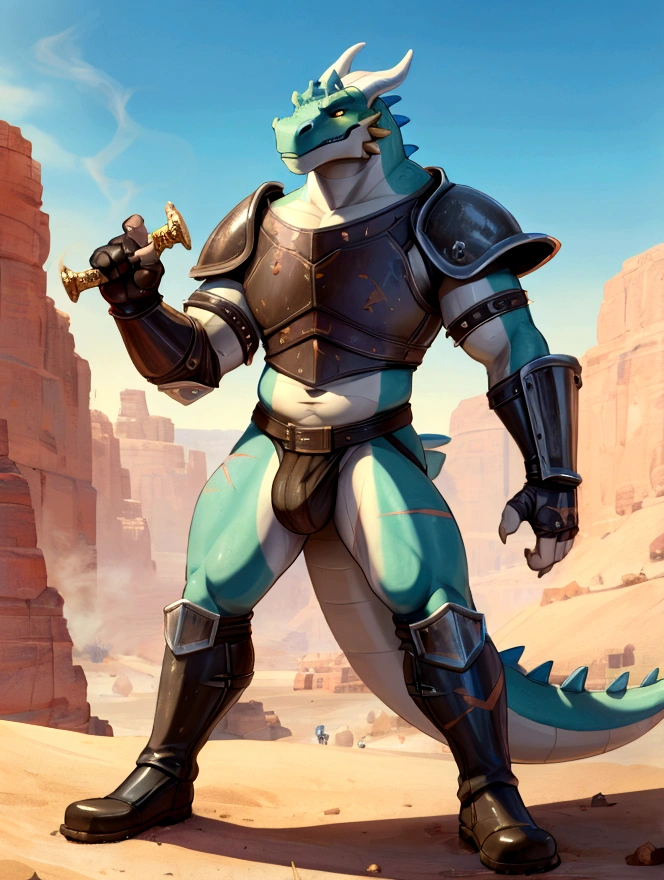 Solo Sexy young anthro scalie dragon male mercenary medieval solider, slim endomorph muscular, anthro handsome gay shorter muzzle, handsome gay model male apperance, sword scars, worn out leather skimpy armament, low on hips heavy leather belt, old very worn out skimpy dirty linen material jockstrap, old yellow dirty worn out stains on white sawn jockstrap, very visible "x" brown seam pattern on the jockstrap, studded skimpy armlets breastplate armor, skimpy breastplate, red husk, leather bondages, fingerless leather gloves, smelly unwashed husk, dirty body look, desert battlefield, standing in sexy victorious position over me, dirty playfull grin, close view of full character from bellow, view from ground under his jockstrap