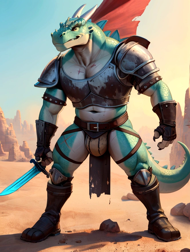 Solo Sexy young anthro scalie dragon male mercenary medieval solider, slim endomorph muscular, anthro handsome gay shorter muzzle, handsome gay model male apperance, sword scars, worn out leather skimpy armament, low on hips heavy leather belt, old very worn out skimpy dirty linen material jockstrap, old yellow dirty worn out stains on white sawn jockstrap, very visible "x" brown seam pattern on the jockstrap, studded skimpy armlets breastplate armor, skimpy breastplate, red husk, leather bondages, fingerless leather gloves, smelly unwashed husk, dirty body look, desert battlefield, standing in sexy victorious position over me, dirty playfull grin, close view of full character from bellow, view from ground under his jockstrap