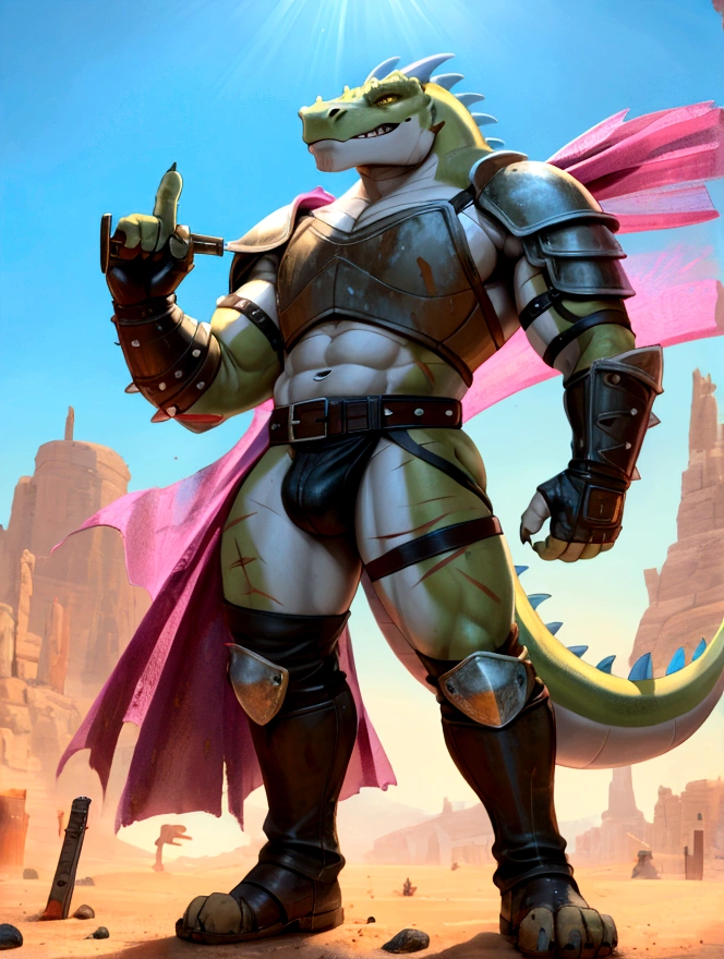 Solo Sexy young anthro scalie dragon male mercenary medieval solider, slim endomorph muscular, anthro handsome gay shorter muzzle, handsome gay model male apperance, sword scars, worn out leather skimpy armament, low on hips heavy leather belt, old very worn out skimpy dirty linen material jockstrap, old yellow dirty worn out stains on white sawn jockstrap, very visible "x" brown seam pattern on the jockstrap, studded skimpy armlets breastplate armor, skimpy breastplate, red husk, leather bondages, fingerless leather gloves, smelly unwashed husk, dirty body look, desert battlefield, standing in sexy victorious position over me, dirty playfull grin, close view of full character from bellow, view from ground under his jockstrap