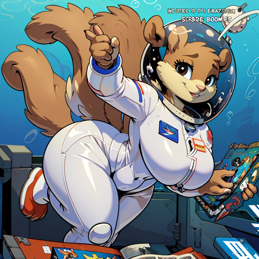 (masterpiece), ((perfect anatomy)), (high Res), (4k), squirrel, huge , wide hips, (((astronaut suit))), underwater, happy, ((((comic book artstyle)))), (((solo))), narrow waist, black eyes