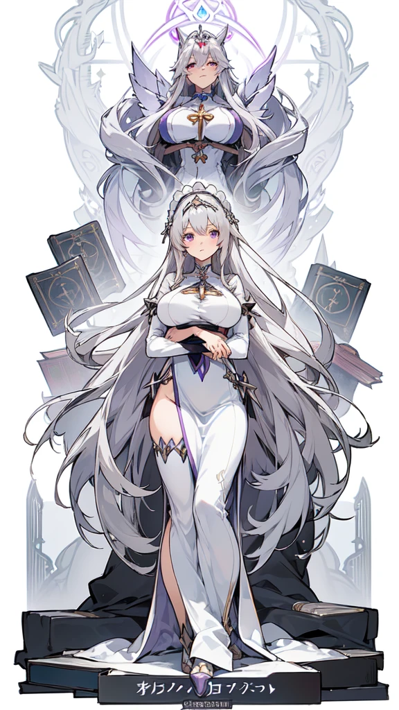 anime priestess maid, white silver maid dress, (magic book with a silver metal cover tied to waist), (((large breasts))), ((anime character sheet)), ((very long grey hair)), light purple eyes, Alexandrina from Zenless Zone Zero, warm motherly smile, several poses, several expressions, (((full body))), ((white background)),