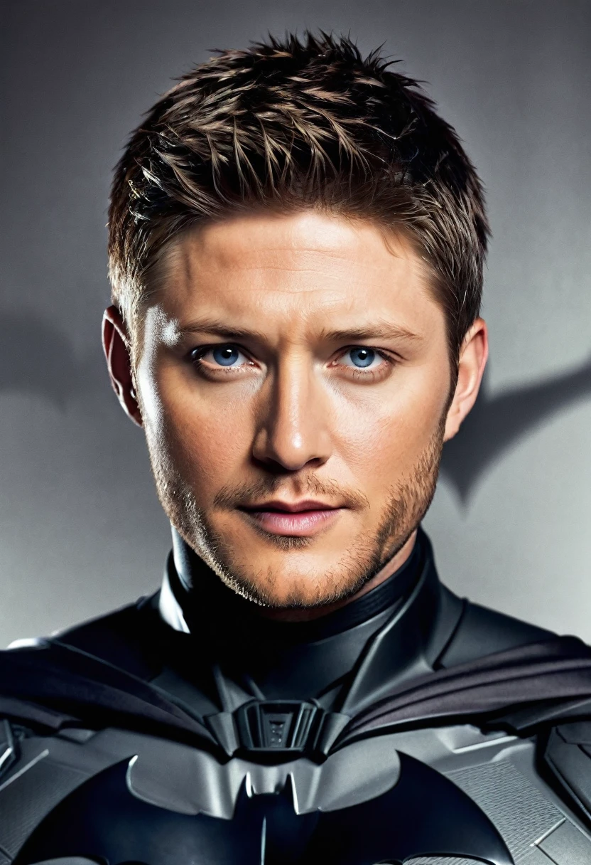 (((Extreme close-up Jensen Ackles under the mantle of Batman black hair Suit Batman DC universe front images images color Splash)))