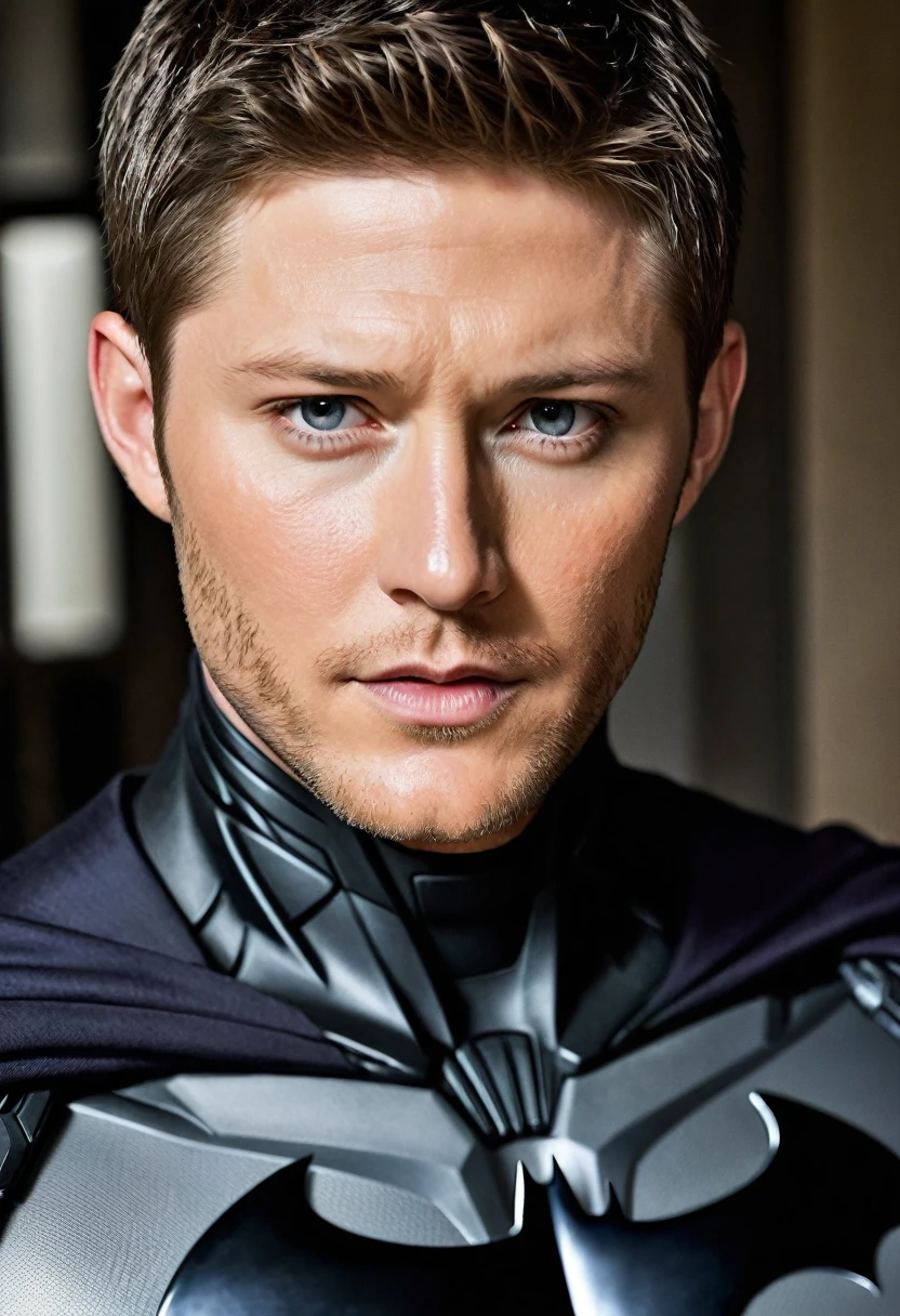 (((Extreme close-up Jensen Ackles under the mantle of Batman black hair Suit Batman DC universe front images images color Splash)))