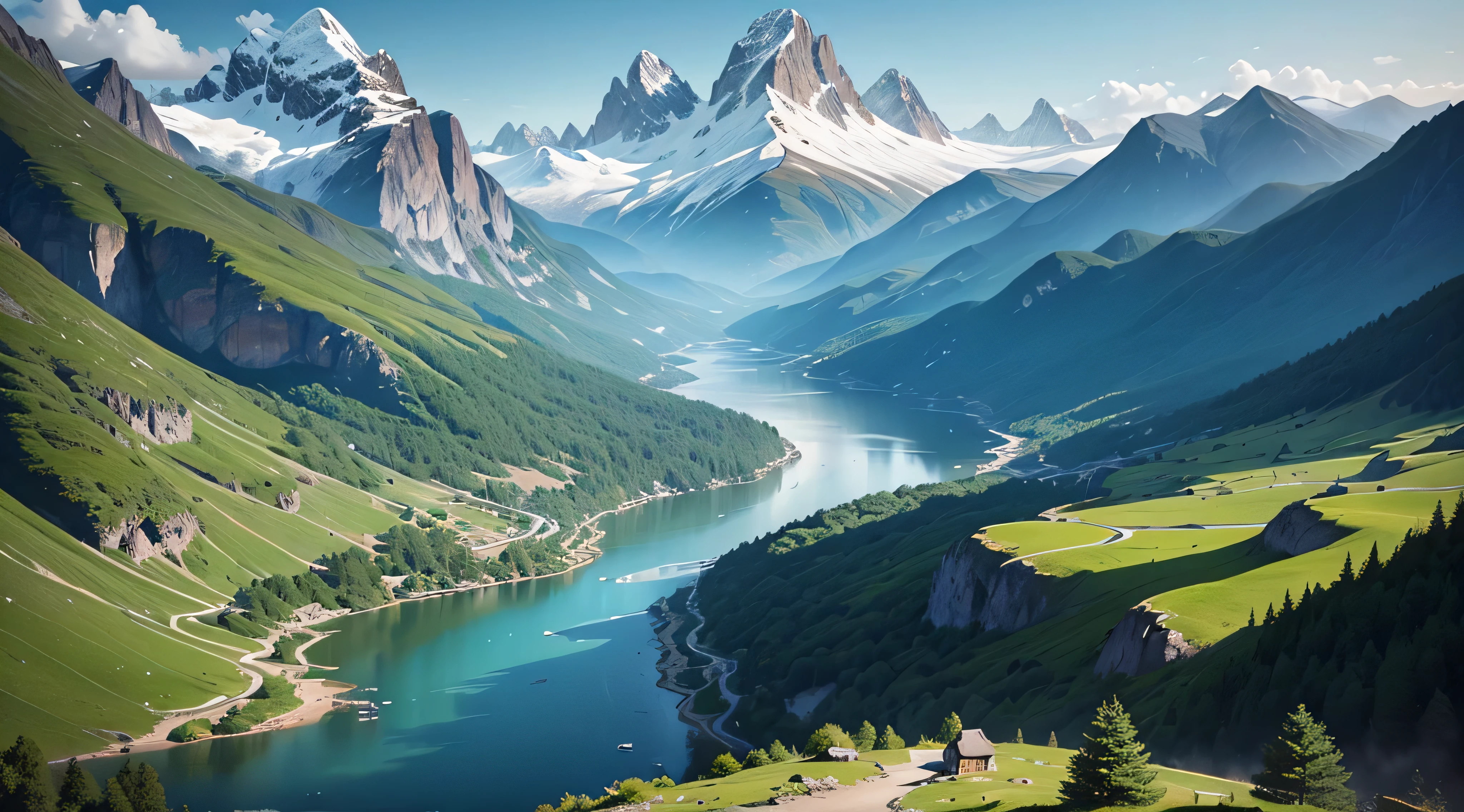 Mountains and rivers are presented in this painting style, Majestic nature, mountains river trees, beautiful landscape rendering, a lake between mountains, Detailed scenery —width 672, epic beautiful landscape, lindo cenario, Stunning landscape, Mountains and rivers, breathtaking landscape, fjord, Amazing landscape, Breathtaking landscapes, stunning nature in background, Beautiful landscape, fjord