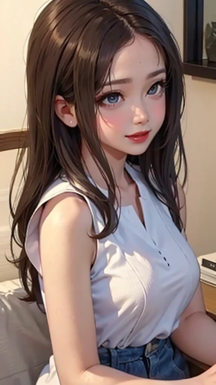 blush a little and smile, (Top quality masterpiece:1.2) Delicate illustrations, Very detailed, /Beautiful Japanese Women、1 person,Very cute and slim、Great style 、((8K images、super high quality))、Very delicate face, Skin and Hair、beautifule forehead、Red lipstick、(((((Long Hair、Light brown hair、lure))))),Very cute Japanese cut face、Eyes and nose are clearly visible、Kind eyes,((((Sleeveless fashion))))