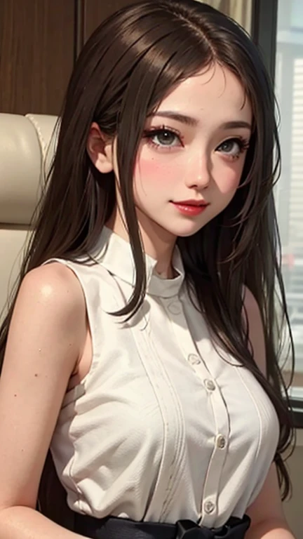blush a little and smile, (Top quality masterpiece:1.2) Delicate illustrations, Very detailed, /Beautiful Japanese Women、1 person,Very cute and slim、Great style 、((8K images、super high quality))、Very delicate face, Skin and Hair、beautifule forehead、Red lipstick、(((((Long Hair、Light brown hair、lure))))),Very cute Japanese cut face、Eyes and nose are clearly visible、Kind eyes,((((Sleeveless fashion))))