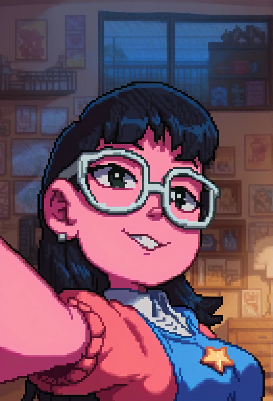 pixel art, Veronica Cipher ((upper body selfie, hapiness的)), Masterpiece, Superior quality, ultra detailed, alone, exterior, (evening), ROOM, gamer, (Star, officer) hapiness, hapiness的, sweater, have, wood, Get rich, shadow, Compared, clear sky, analogy style (View viewer:1.2) (texture) (film grain: 1.3), (cold colors, pastel colors): 1.2) close up, movie light, Side light, ultra high resolution, 背心shadow, RAW, wear a sweater, Kodak Vision 3, girl, Glasses, black eyes, (black hair, wide, messy fur) pink skin.