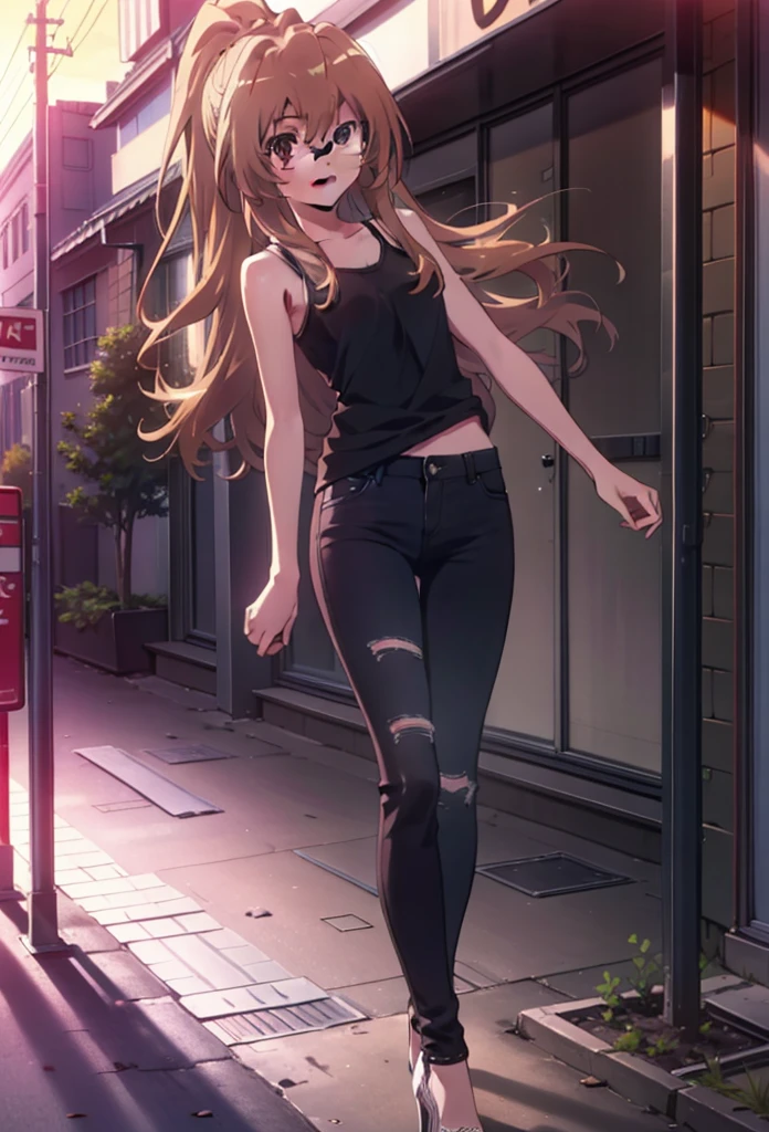 taiga aisaka, taiga aisaka, Long Hair, Brown Hair, Brown eyes,happy smile, smile, Open your mouth,ponytail,Black-rimmed glasses,Brown Tank Top,Skinny jeans,Stiletto heels,The rising sun,morning,morning陽,walking,whole bodyがイラストに入るように,
break outdoors, construction area,
break looking at viewer, whole body,
break (masterpiece:1.2), Highest quality, High resolution, unity 8k wallpaper, (shape:0.8), (Beautiful attention to detail:1.6), Highly detailed face, Perfect lighting, Extremely detailed CG, (Perfect hands, Perfect Anatomy),