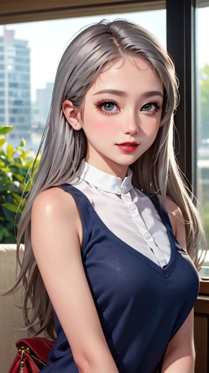 blush a little and smile, (Top quality masterpiece:1.2) Delicate illustrations, Very detailed, /Beautiful Japanese Women、1 person,Very cute and slim、Great style 、((8K images、super high quality))、Very delicate face, Skin and Hair、beautifule forehead、Red lipstick、(((((Long Hair、Silver Hair、lure))))),Very cute Japanese cut face、Eyes and nose are clearly visible、Kind eyes,((((Sleeveless fashion))))