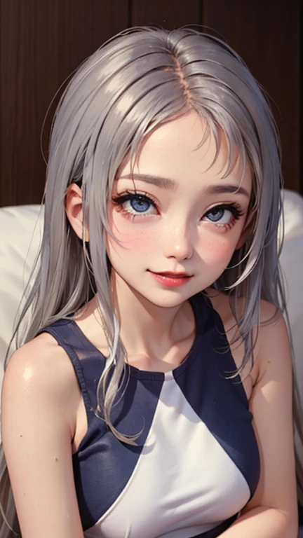 blush a little and smile, (Top quality masterpiece:1.2) Delicate illustrations, Very detailed, /Beautiful Japanese Women、1 person,Very cute and slim、Great style 、((8K images、super high quality))、Very delicate face, Skin and Hair、beautifule forehead、Red lipstick、(((((Long Hair、Silver Hair、lure))))),Very cute Japanese cut face、Eyes and nose are clearly visible、Kind eyes,((((Sleeveless fashion))))