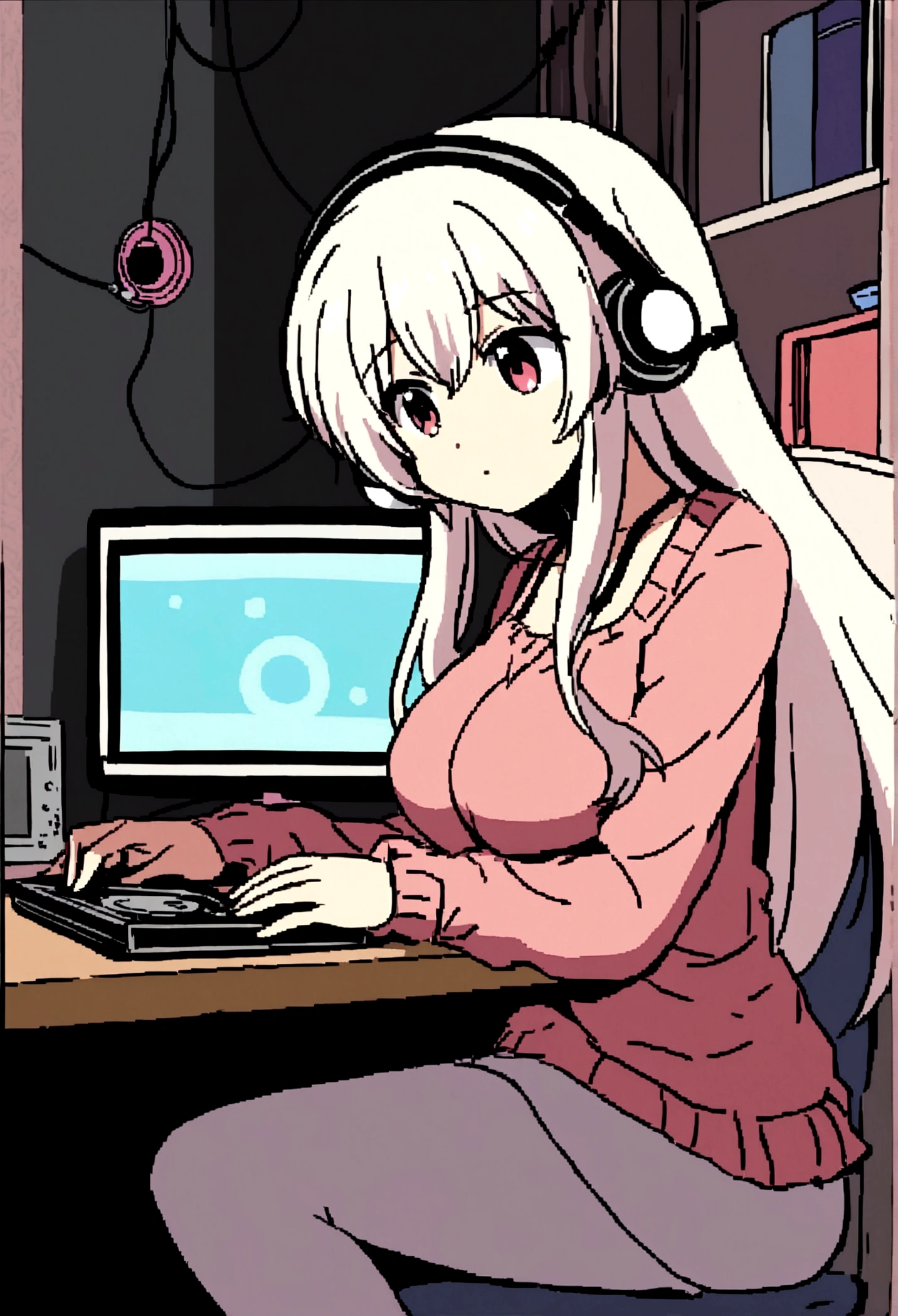 Girl listening to music in cozy room at night, Use headphones, 2D style anime, lo fi, hard disk, dark environment,A cute girl is in her room, not turning on the lights, with her large breasts resting on the desk while she fiddles with her computer.8k qualità, ragazza che studia