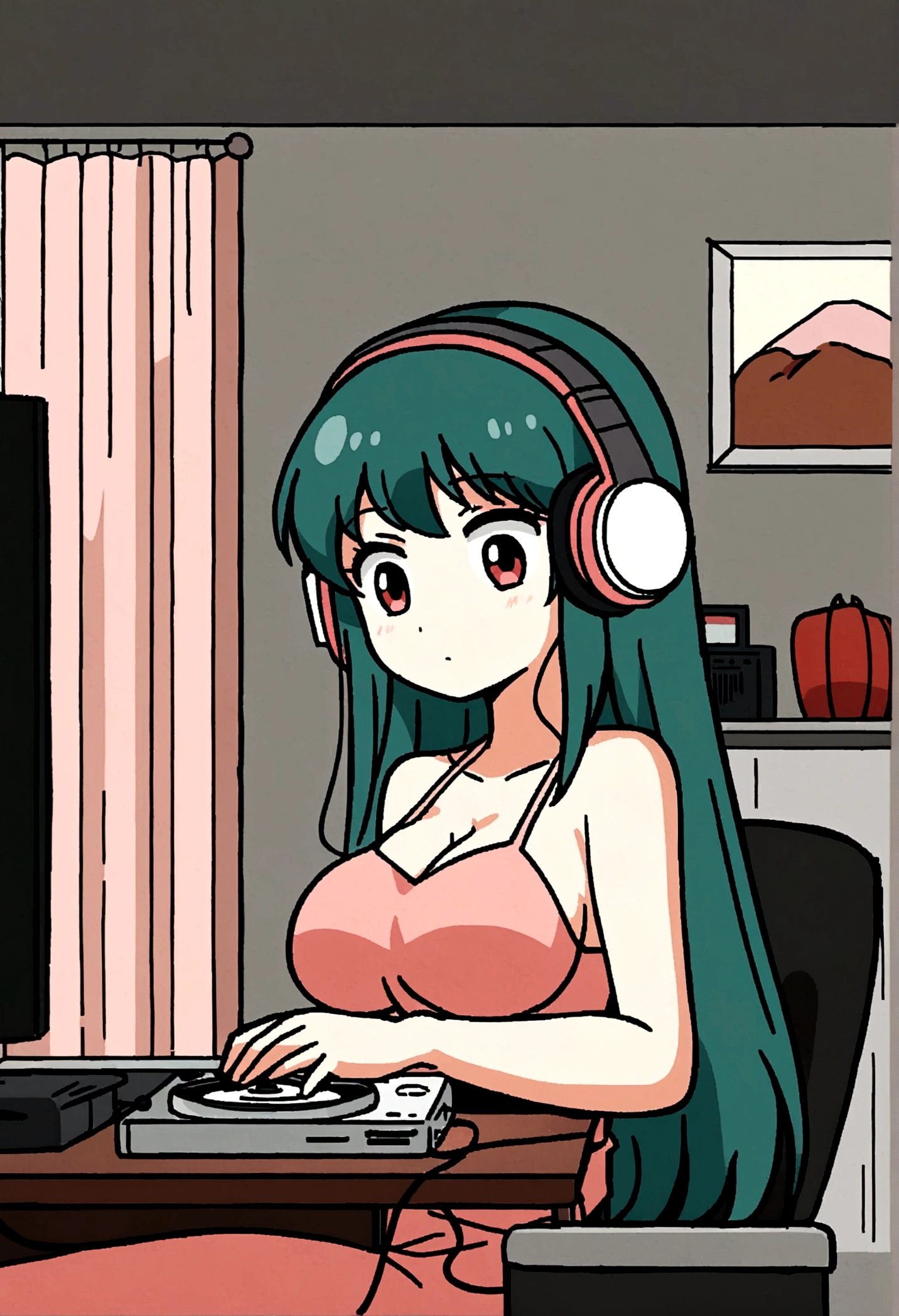Girl listening to music in cozy room at night, Use headphones, 2D style anime, lo fi, hard disk, dark environment,A cute girl is in her room, not turning on the lights, with her large breasts resting on the desk while she fiddles with her computer.8k qualità, ragazza che studia